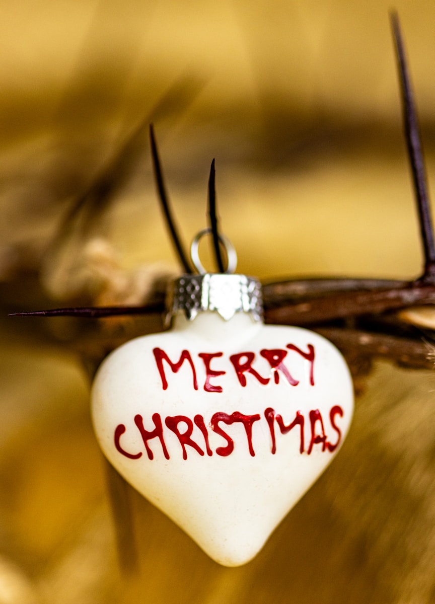 a white ornament with a merry christmas message on it